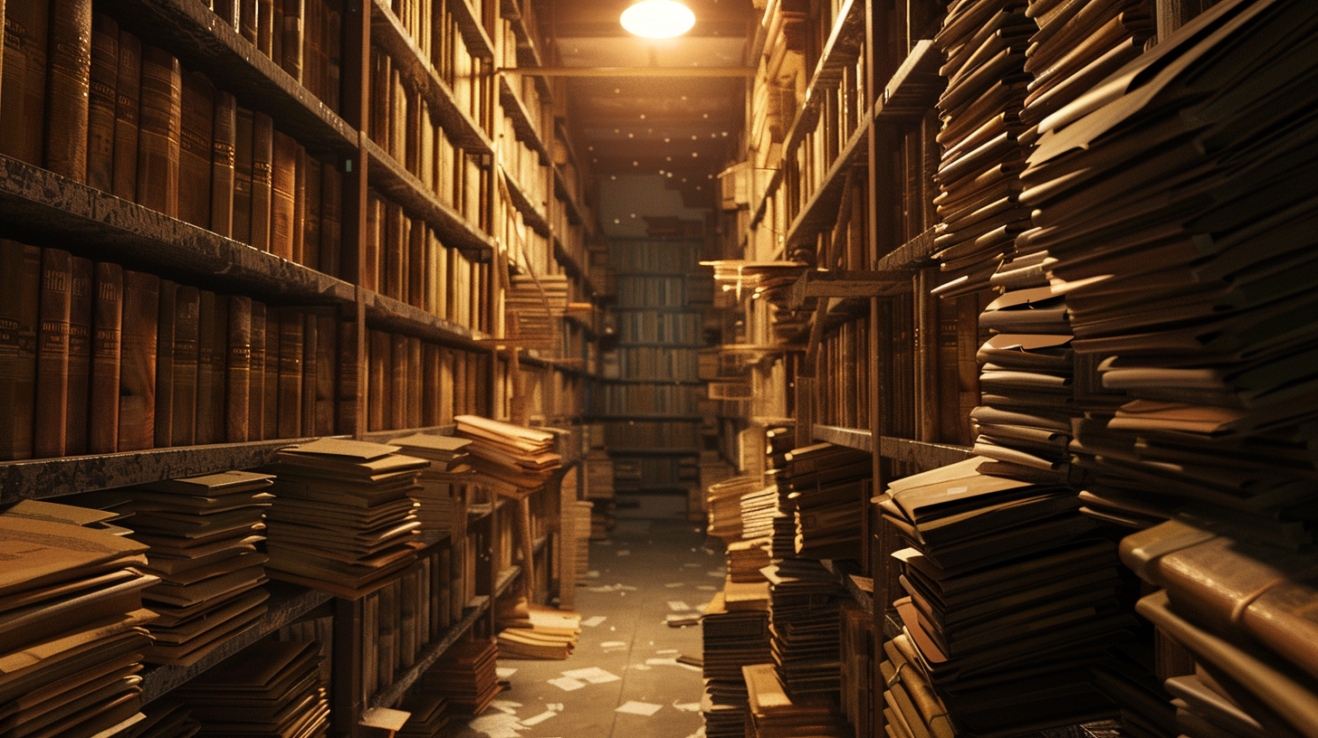 The Registry archive — rows of filed grudges stretching into darkness